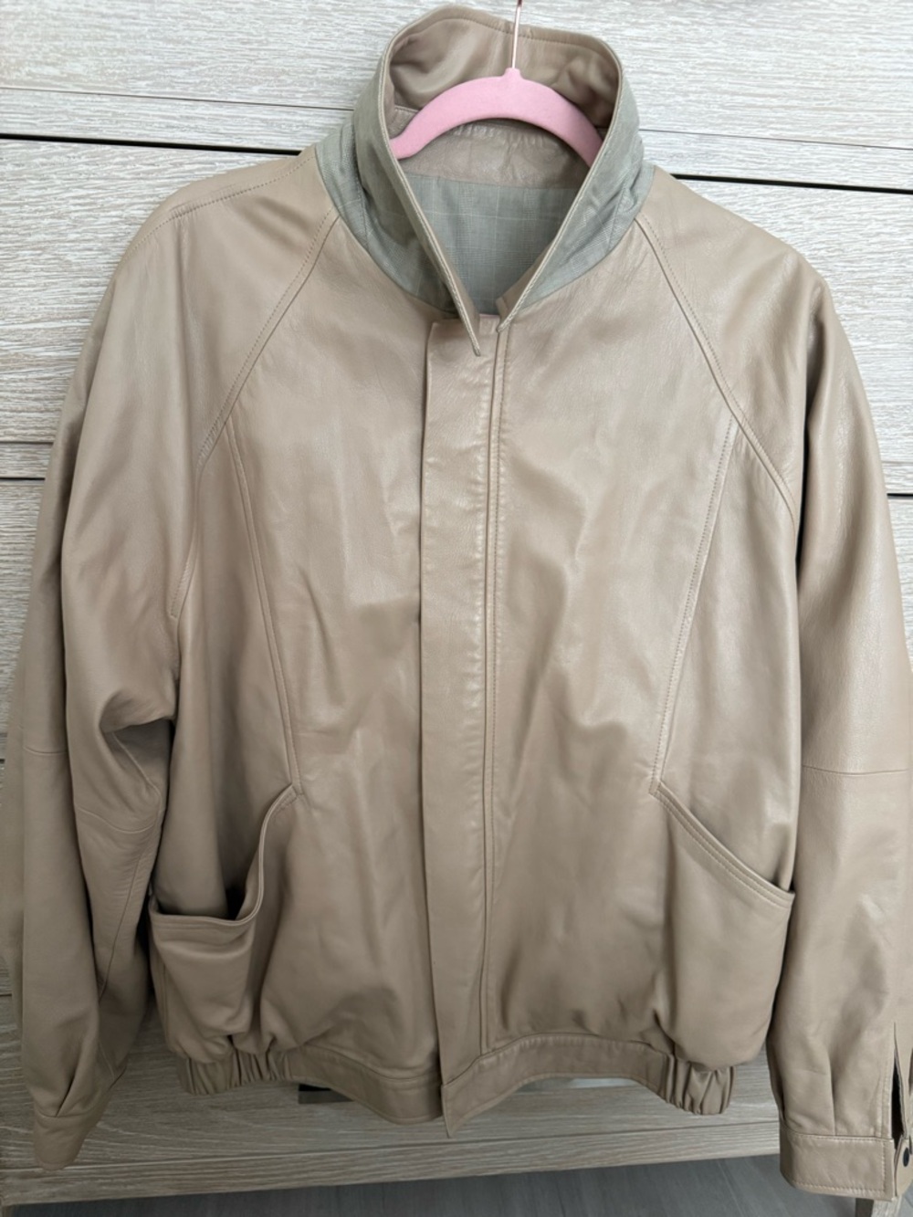 Bally Beige Leather Bomber Jacket with Contrast Trim